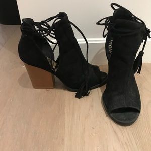 Black open toe bootie with ankle ties